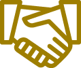 Simple illustration of a handshake, symbolizing agreement or partnership. Both hands are shown in a yellowish-brown color.