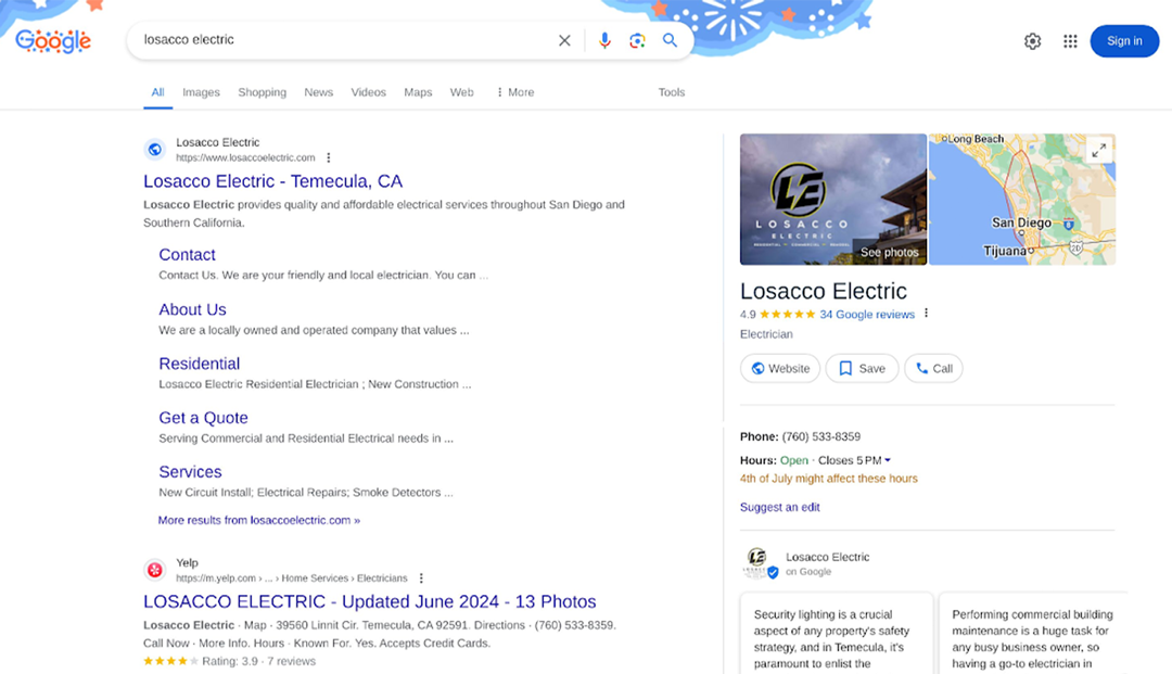 Google search results page for "Losacco Electric," showing a business listing with name, address in Temecula, CA, contact details, reviews, and website link.