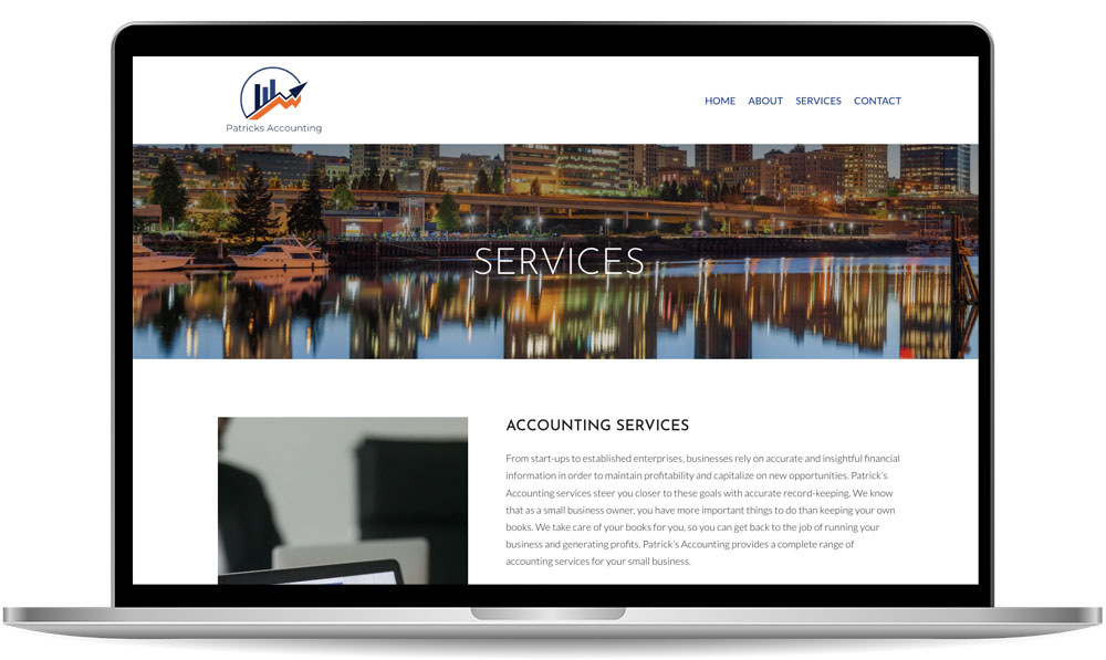 Laptop displaying a website for Patrick's Accounting with a cityscape image and menu options: Home, About, Services, Contact. The page highlighted is "Services" featuring accounting services content.