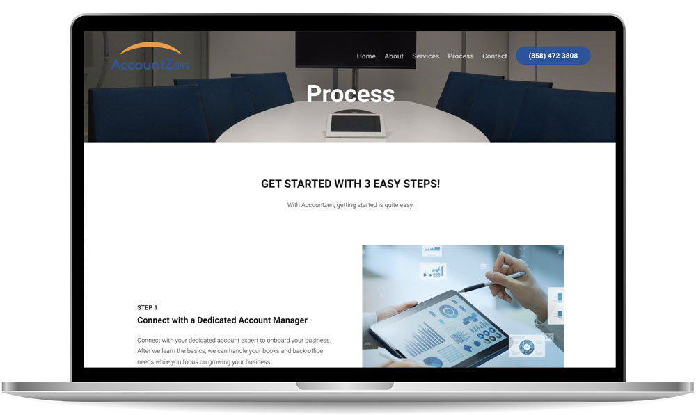 Laptop screen displaying a website about a 3-step account management process with images of a conference room and a person using a tablet.