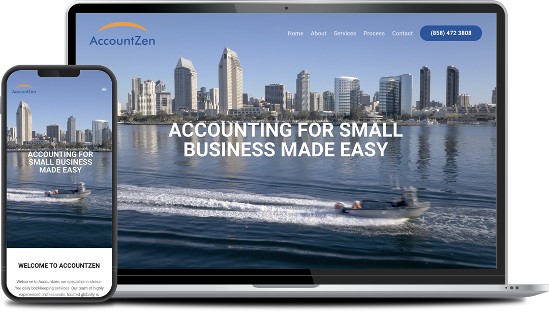 A laptop and smartphone displaying the AccountZen website, featuring a city skyline and a boat on the water. The text reads "Accounting for Small Business Made Easy.