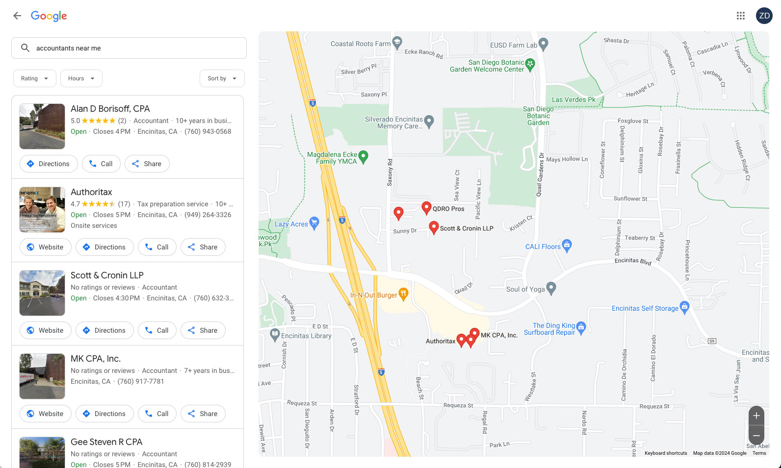 Google Maps search results for "accountants near me" in Encinitas, CA, showing a map with several pins and a list of accounting firms on the left.